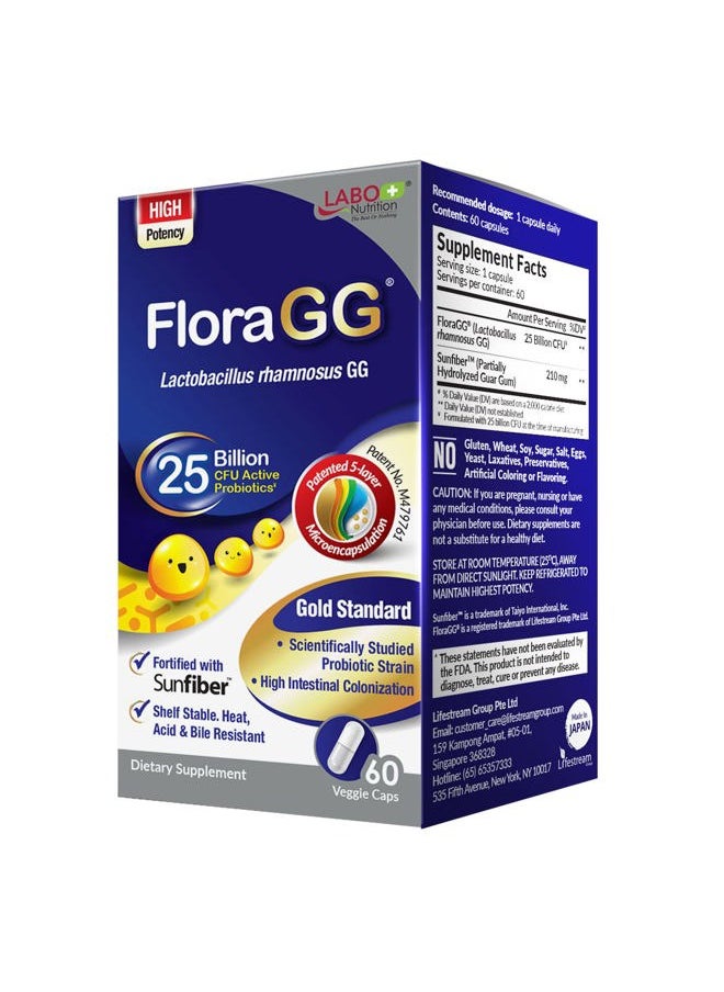 LABO Nutrition - FloraGG, Lactobacillus Rhamnosus GG 25 Billion CFU Active Probiotics & Sunfiber Prebiotic Fiber Supplement, Support Healthy Intestinal, Immune Health| Delayed Release & Gluten Free 60s - Image 1