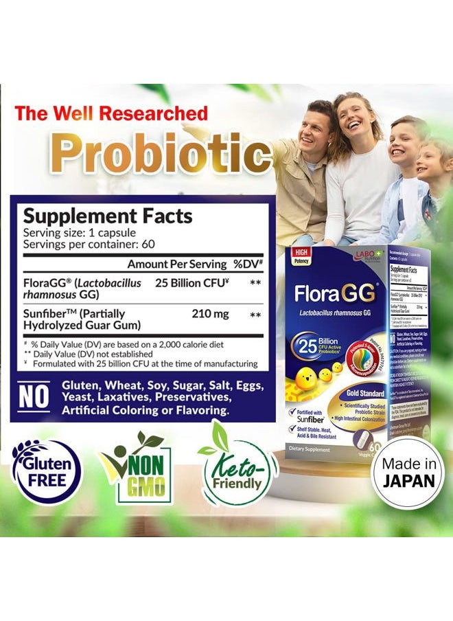 LABO Nutrition - FloraGG, Lactobacillus Rhamnosus GG 25 Billion CFU Active Probiotics & Sunfiber Prebiotic Fiber Supplement, Support Healthy Intestinal, Immune Health| Delayed Release & Gluten Free 60s - Image 1