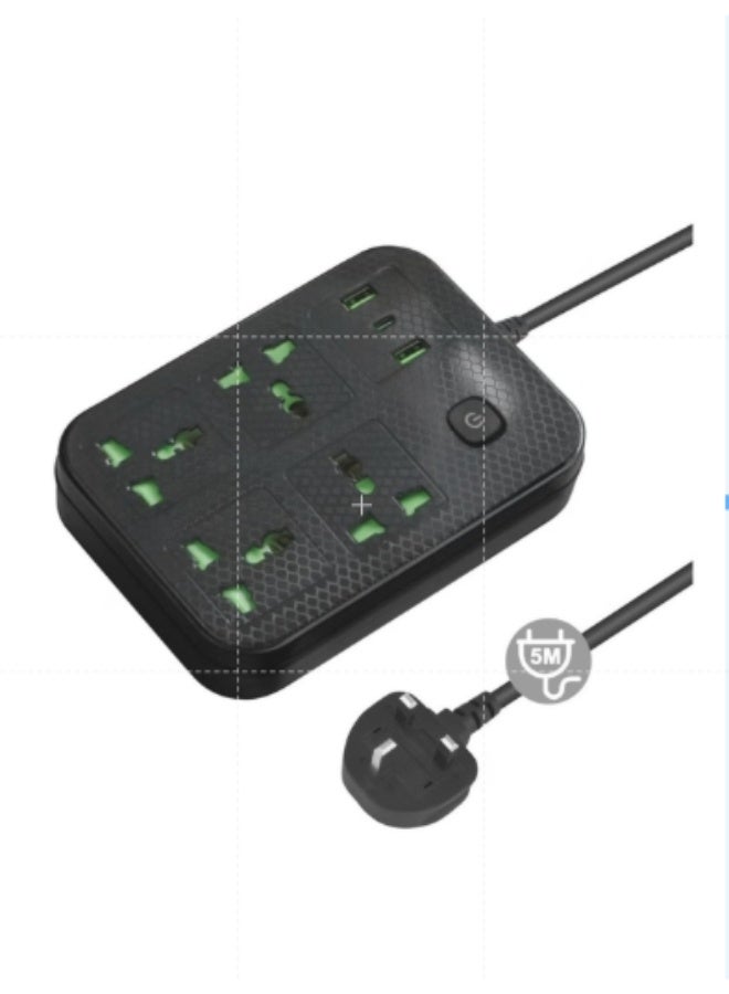 أنمي مقاطع الطاقة سلك الامتداد 4 مقابس محول السدادة الشاملة مع منفذ من النوع C و 2 منافذ منفذ واقي تدفق التيار مقبس شحن مع سلك تمديد مقاس 5 م (أسود