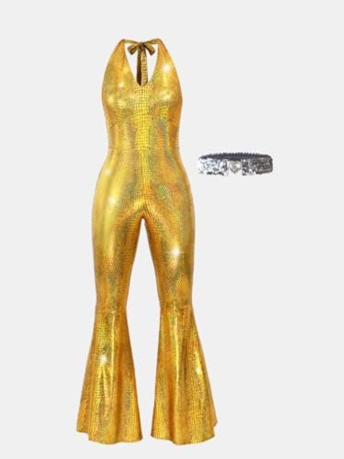 Nawgut Disco Outfit 70S 80S Prom Sparkle Flare Jumpsuit Party Costume Halloween Cosplay For Adult Women-Small - Image 2