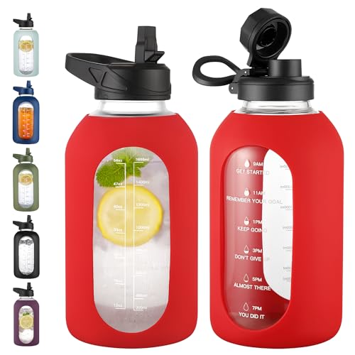 CIVAGO 64 oz Glass Water Bottle Jug with Straw and Handle Half Gallon Sports Motivational Water Bottle with Time Marker Wide Mouth Flask Canteen with Silicone Sleeve for Gym Red - Image 1