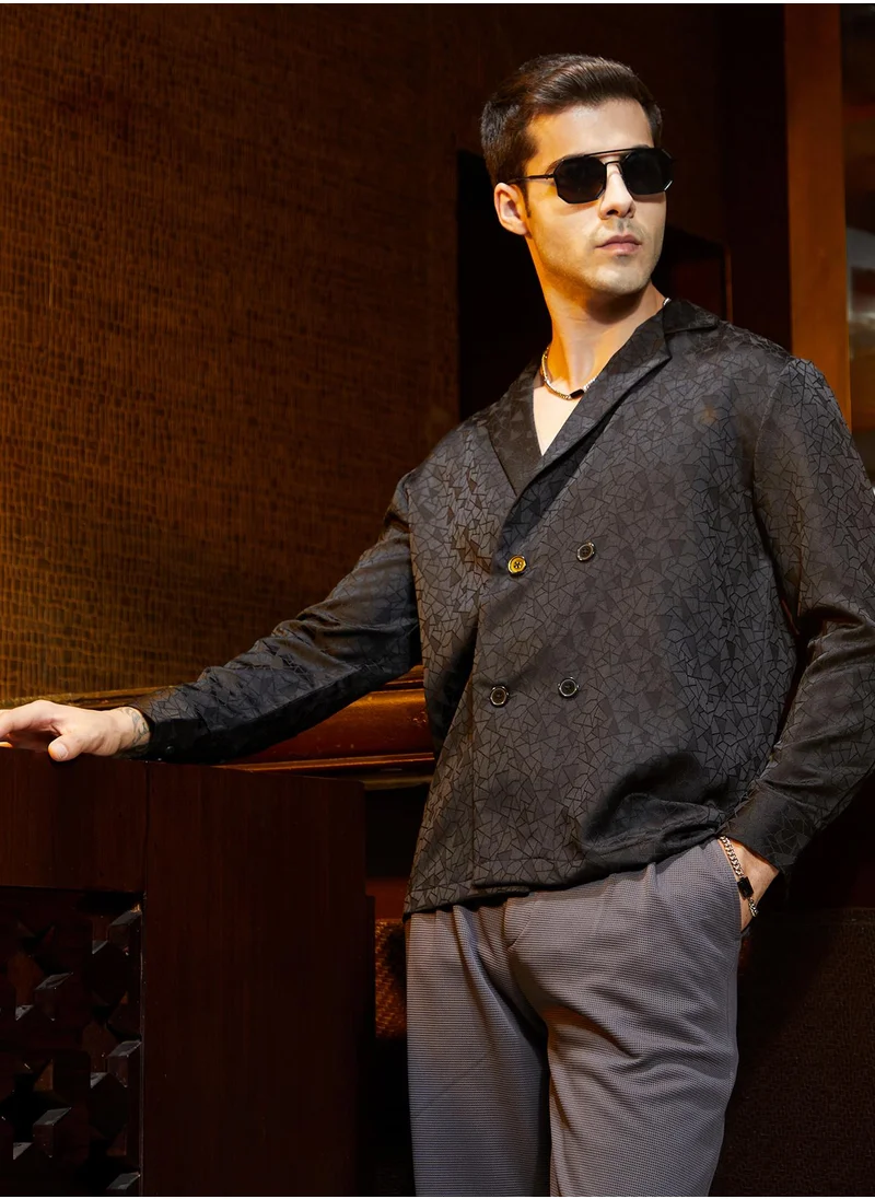 Campus Sutra Men's Midnight Black Double-Breasted Moziac Shirt