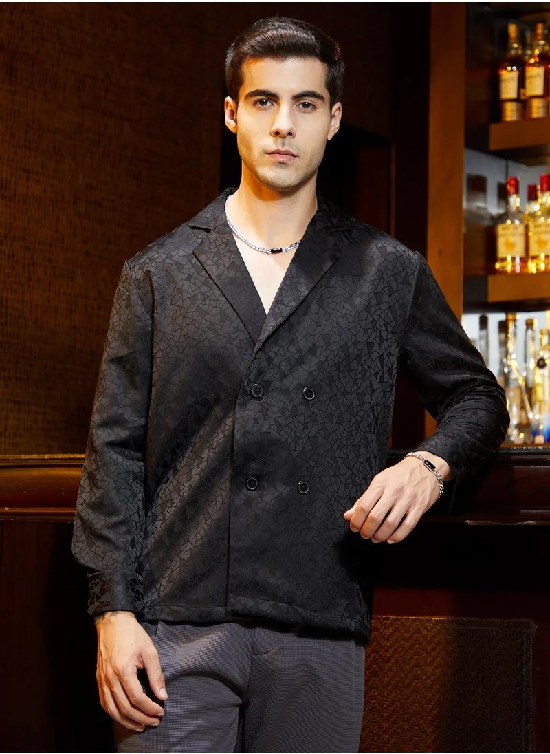 Campus Sutra Men's Midnight Black Double-Breasted Moziac Shirt