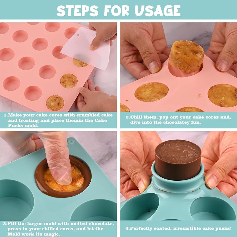 Actvty Cake Puck Mold Set, Chocolate Covered Cake Silicone Molds, 24-Cavity Round Cake Pop Molds with 2 Spatulas for DIY Cake Cores, Cakepucks, Chocolate Desserts - Image 5