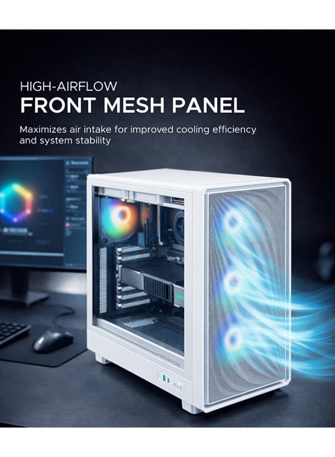 تورتوكس Tortox Nimbus Mesh Tempered Glass ATX/M-ATX/ITX Gaming PC Case with Pre-Installed 4 * 120MM ARGB Fans White - Image 3
