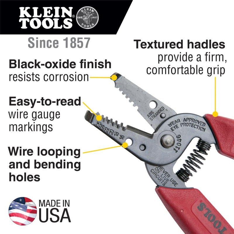 Klein Tools 11046 Wire Stripper, Wire Cutter for 16-26 AWG Stranded wire, Compact Nose with Precision-ground Stripping Holes, Made in USA - Image 3