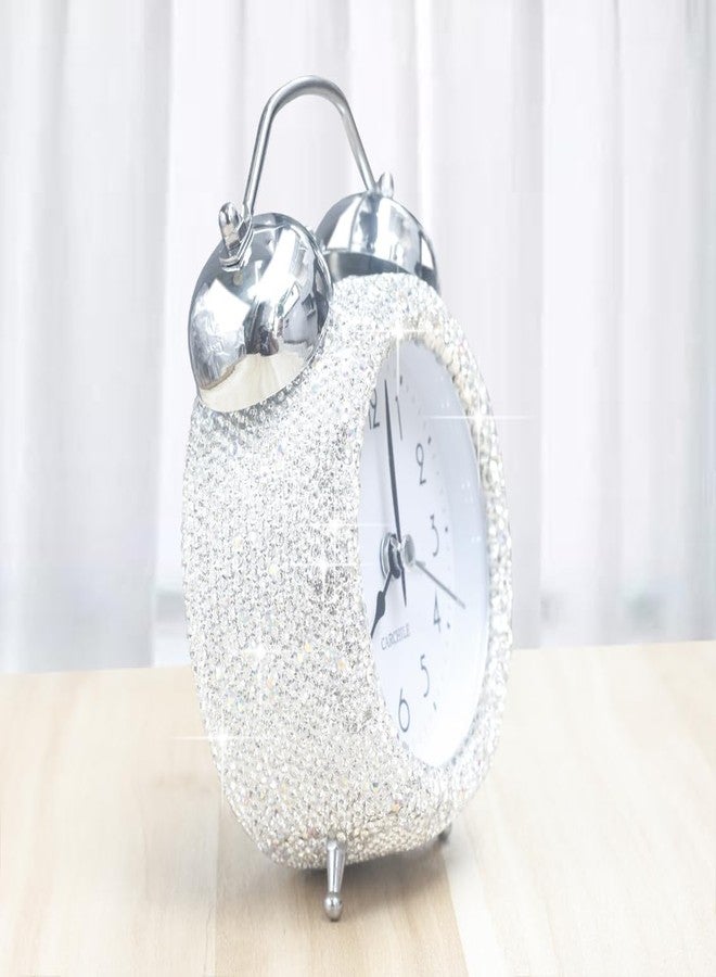 CARCHILE Bling Rhinestone Small Alarm Clock,5 inches in Height, Morning Call for Bedroom Houser Desktop, Home and Office Decorations AB (Silver) - Image 2