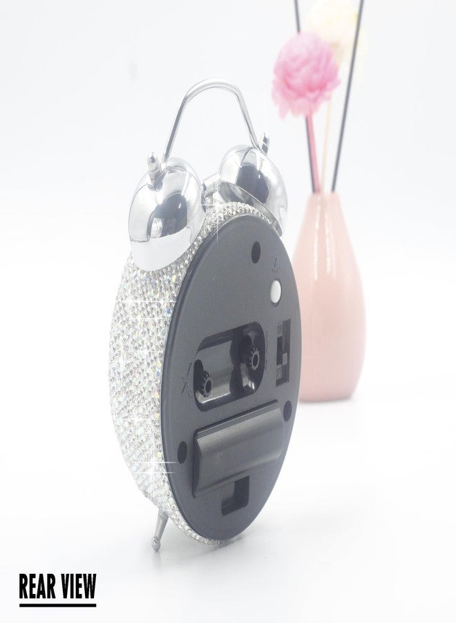 CARCHILE Bling Rhinestone Small Alarm Clock,5 inches in Height, Morning Call for Bedroom Houser Desktop, Home and Office Decorations AB (Silver) - Image 4