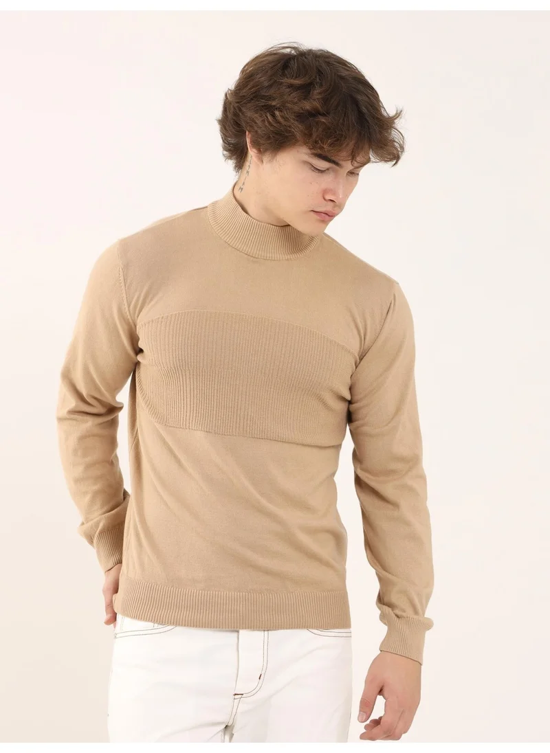 Dufy Camel Men's Regular Fit High Collar Knitwear