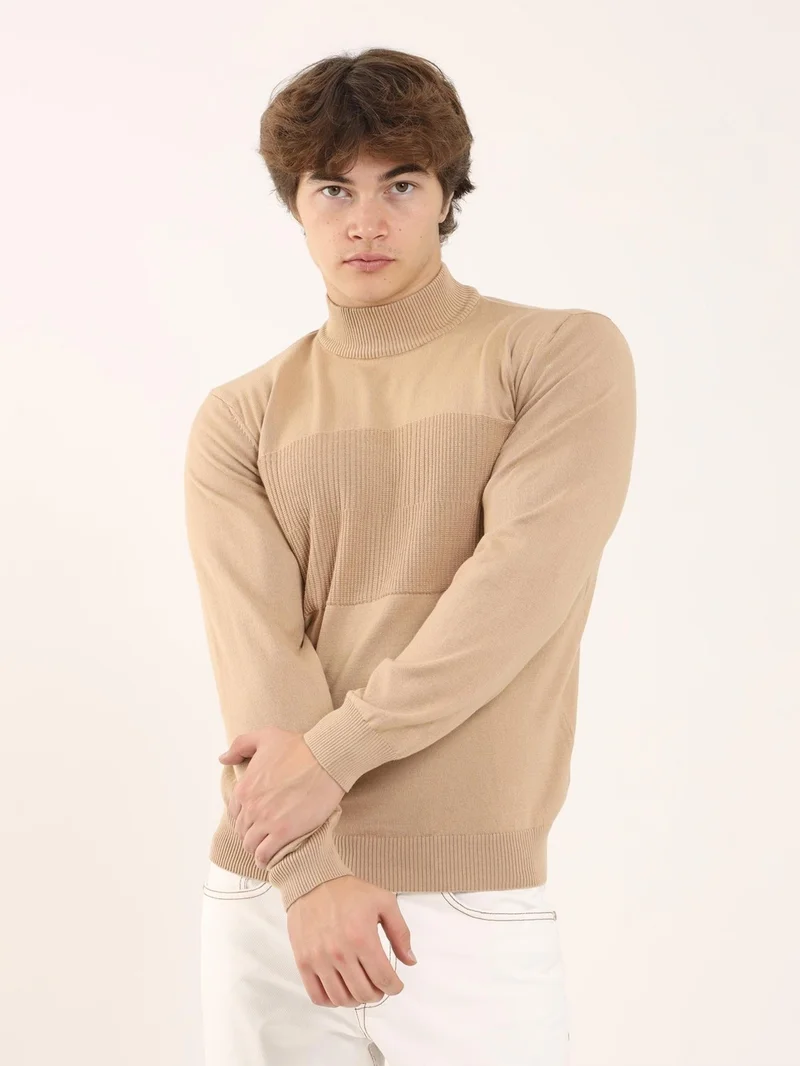 Dufy Camel Men's Regular Fit High Collar Knitwear