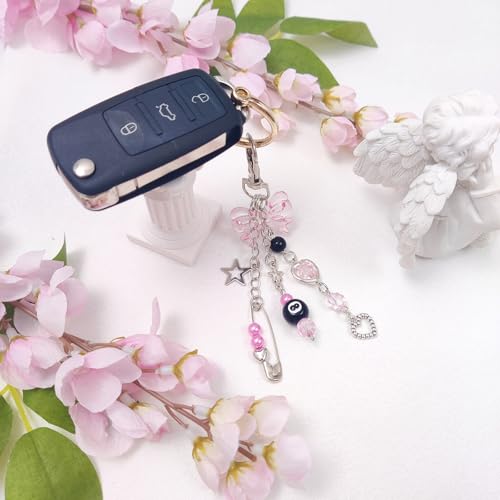 cioatu Y2K Aesthetic Keychains for Women Cute Flowers Star Cake Jellyfish Keychins Charms Kawaii Bag Purse Decor (Pink & Clear Bow) - Image 4