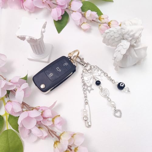 cioatu Y2K Aesthetic Keychains for Women Cute Flowers Star Cake Jellyfish Keychins Charms Kawaii Bag Purse Decor (Pink & Clear Bow) - Image 3