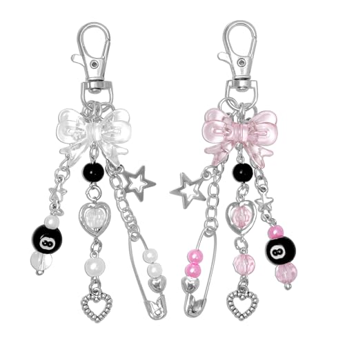 cioatu Y2K Aesthetic Keychains for Women Cute Flowers Star Cake Jellyfish Keychins Charms Kawaii Bag Purse Decor (Pink & Clear Bow) - Image 1