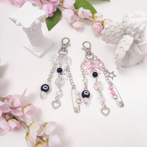 cioatu Y2K Aesthetic Keychains for Women Cute Flowers Star Cake Jellyfish Keychins Charms Kawaii Bag Purse Decor (Pink & Clear Bow) - Image 2