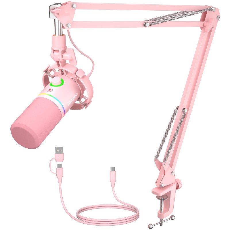 MAONO XLR/USB Dynamic Microphone Kit, RGB Gaming Mic with Software, Mute, Gain Knob, Volume Control, Boom Arm for Streaming, Podcasting, Voice-Over, Recording-PD200XS Pink - Image 1