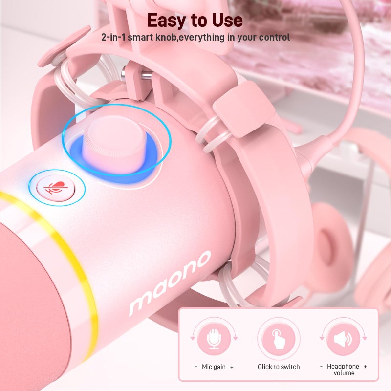 MAONO XLR/USB Dynamic Microphone Kit, RGB Gaming Mic with Software, Mute, Gain Knob, Volume Control, Boom Arm for Streaming, Podcasting, Voice-Over, Recording-PD200XS Pink - Image 5