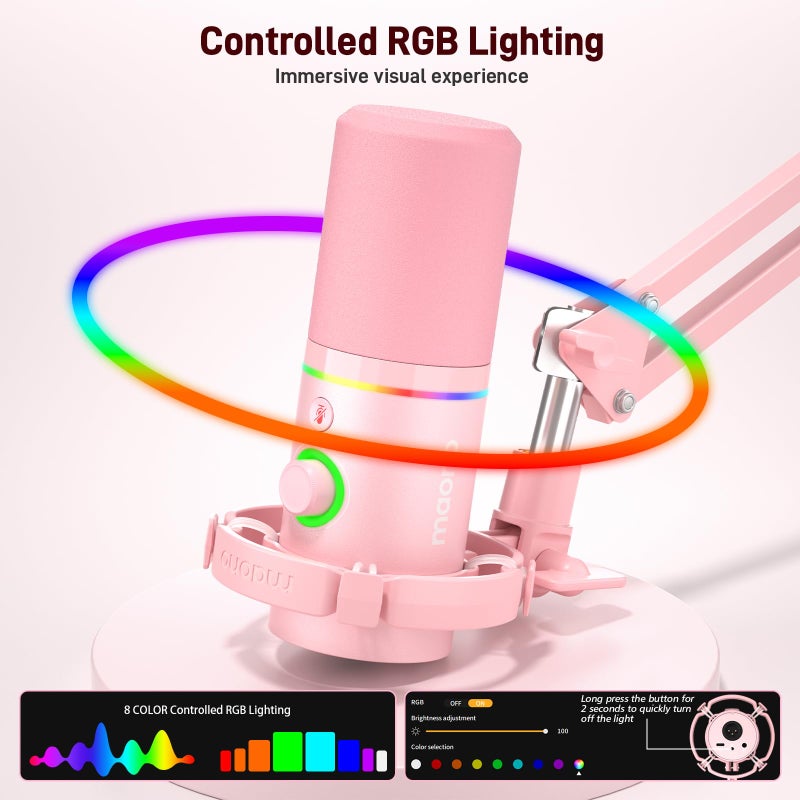 MAONO XLR/USB Dynamic Microphone Kit, RGB Gaming Mic with Software, Mute, Gain Knob, Volume Control, Boom Arm for Streaming, Podcasting, Voice-Over, Recording-PD200XS Pink - Image 4