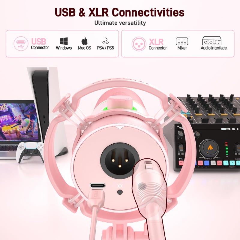 MAONO XLR/USB Dynamic Microphone Kit, RGB Gaming Mic with Software, Mute, Gain Knob, Volume Control, Boom Arm for Streaming, Podcasting, Voice-Over, Recording-PD200XS Pink - Image 2