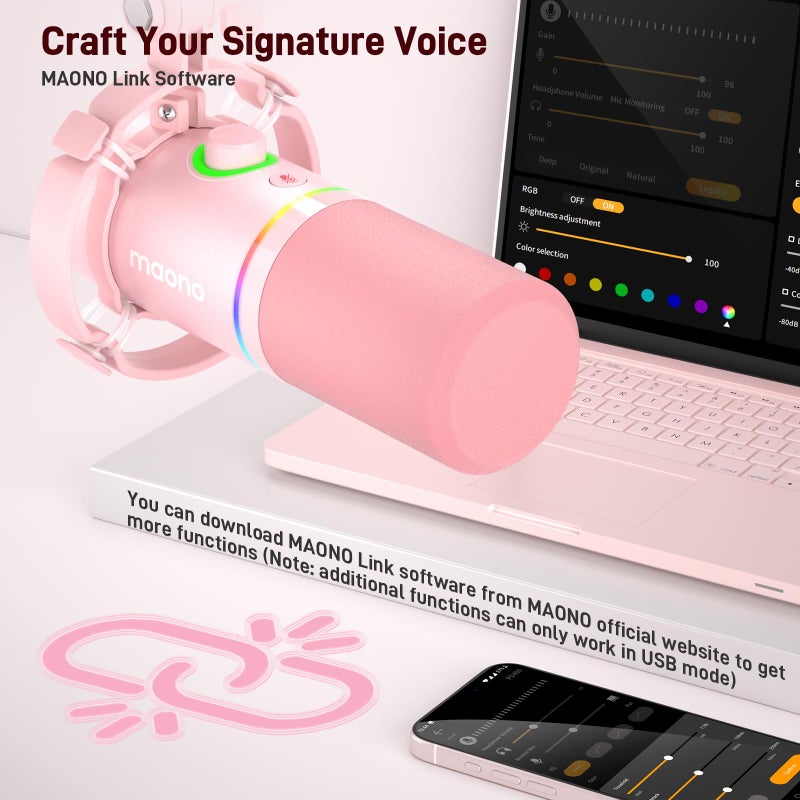 MAONO XLR/USB Dynamic Microphone Kit, RGB Gaming Mic with Software, Mute, Gain Knob, Volume Control, Boom Arm for Streaming, Podcasting, Voice-Over, Recording-PD200XS Pink - Image 3