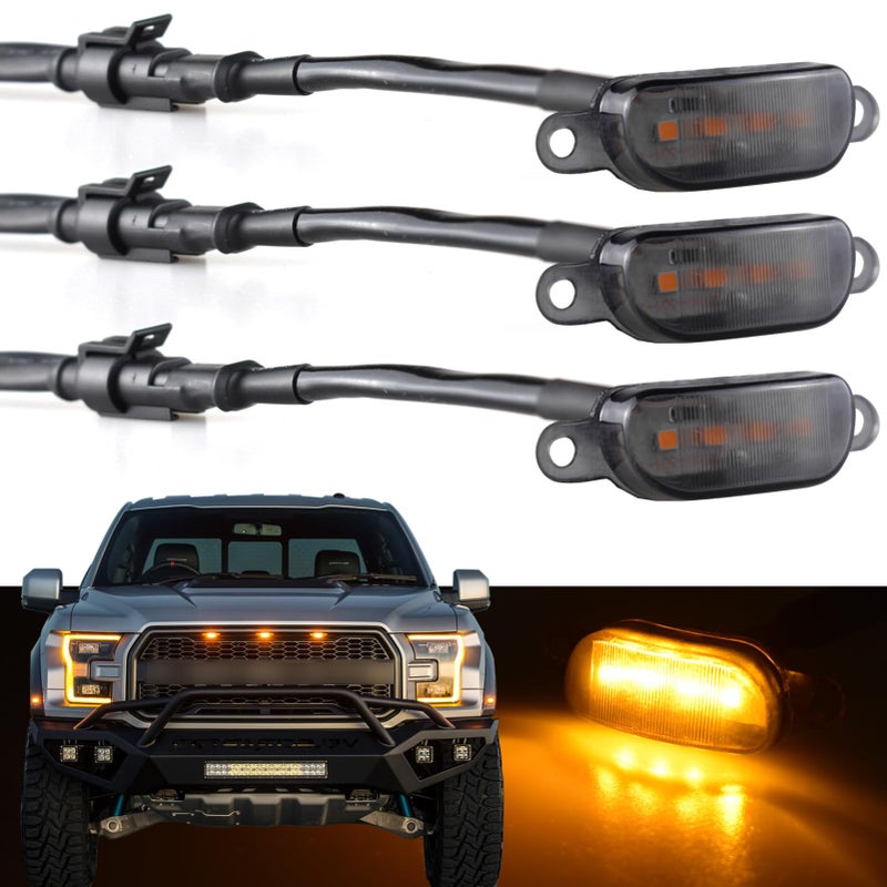 إضاءة شبكة أمامية لشاحنة بويغو متوافقة مع فورد F150 رابتور 2004-2019 دودج رام 1500 2013-2018 تصميم رابتور لشبكات ما بعد البيع إضاءة LED صفراء كهرمانية عدسات مدخنة