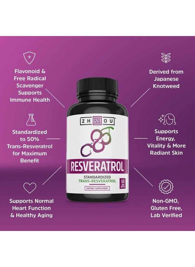 Zhou Nutrition - Zhou Resveratrol Supplement ; Healthy Aging Immune System & Heart Health Support ; Powerful Antioxidant Benefits ; 30 Servings 60 Veg Caps - Image 1
