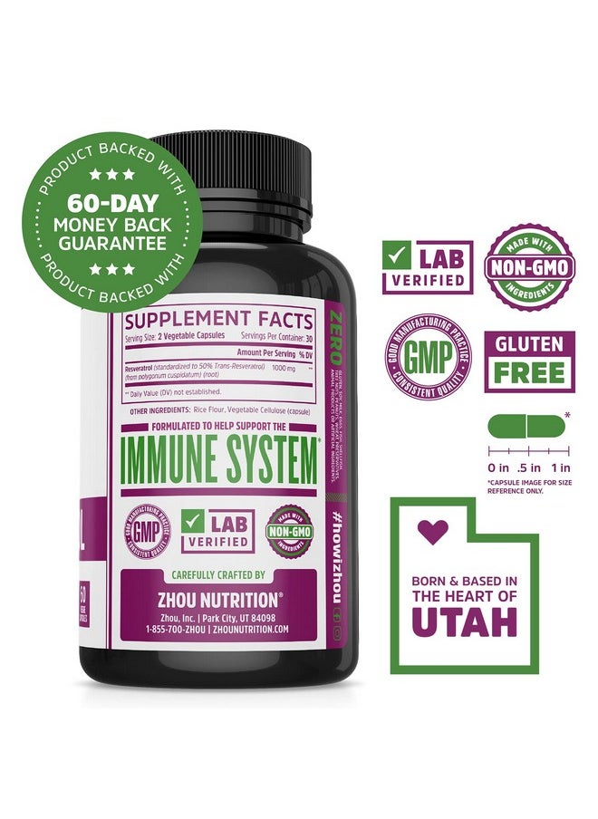 Zhou Nutrition - Zhou Resveratrol Supplement ; Healthy Aging Immune System & Heart Health Support ; Powerful Antioxidant Benefits ; 30 Servings 60 Veg Caps - Image 1