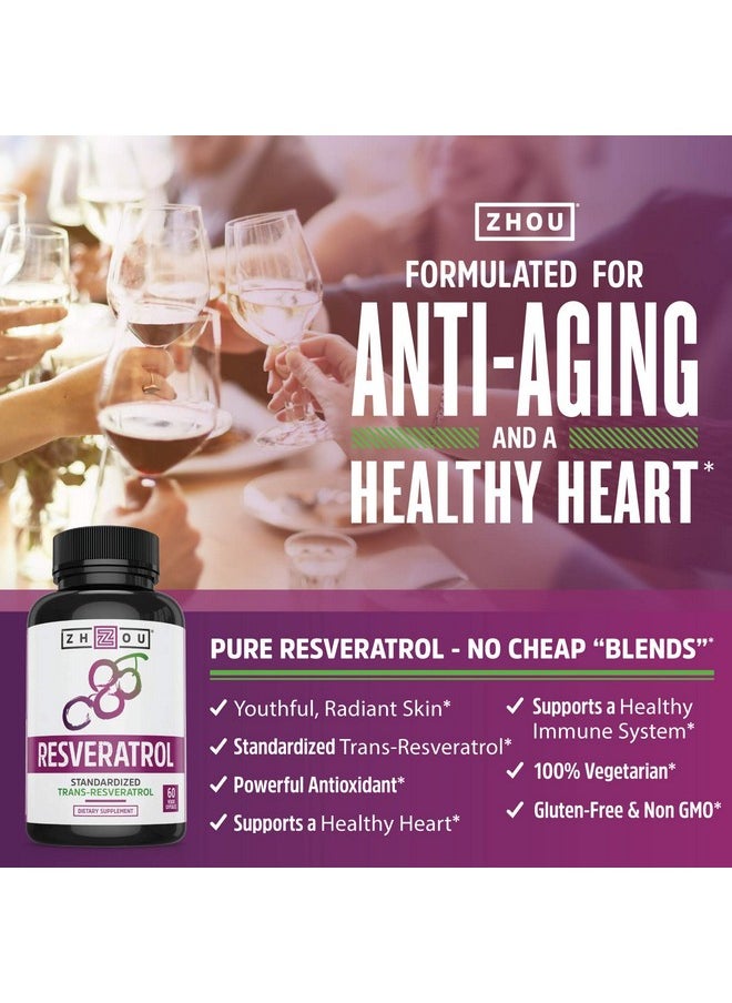 Zhou Nutrition - Zhou Resveratrol Supplement ; Healthy Aging Immune System & Heart Health Support ; Powerful Antioxidant Benefits ; 30 Servings 60 Veg Caps - Image 1