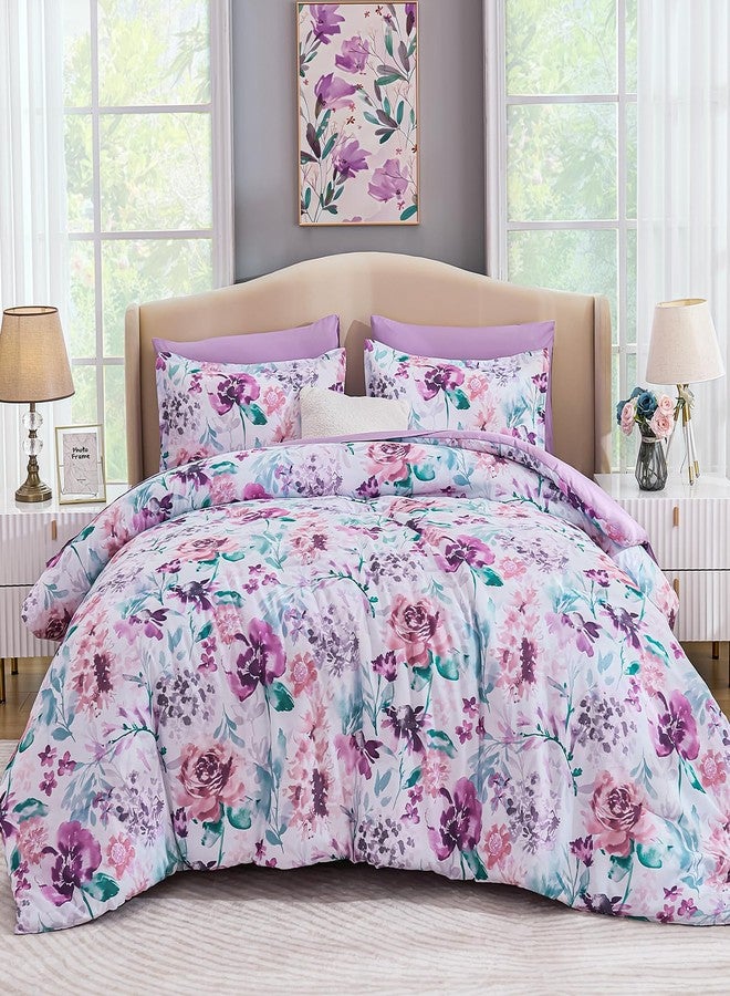 Luxudecor طقم لحاف لوكسوديكور مزهر بحجم كوين 7 قطع - حقيبة سرير، طقم سرير بألوان زهرية مائية، لحاف ناعم مع طقم ملاءات 90"x90" - Image 1