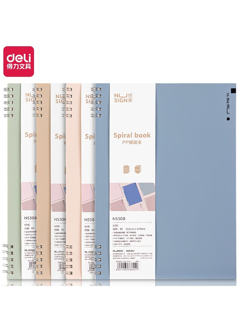 Nusign NS308 B5 Notebook - 60-Sheet Lay-Flat Design, Double-Spiral Metal Binding & PP Cover