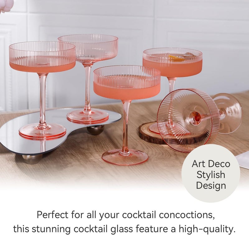 Cyrelwing 9 oz Pink martini glasses Vintage Art Deco Blush Pink Coupe Glasses Set of 6 Pink Ribbed Cocktail Glasses for Espresso Martini, Champagne,Cosmopolitan,Manhattan,Cocktail - Image 2