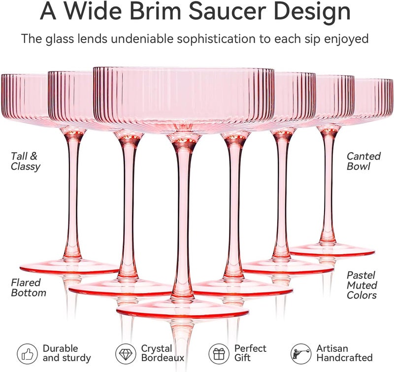 Cyrelwing 9 oz Pink martini glasses Vintage Art Deco Blush Pink Coupe Glasses Set of 6 Pink Ribbed Cocktail Glasses for Espresso Martini, Champagne,Cosmopolitan,Manhattan,Cocktail - Image 3