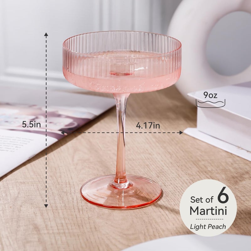 Cyrelwing 9 oz Pink martini glasses Vintage Art Deco Blush Pink Coupe Glasses Set of 6 Pink Ribbed Cocktail Glasses for Espresso Martini, Champagne,Cosmopolitan,Manhattan,Cocktail - Image 4