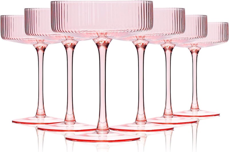 Cyrelwing 9 oz Pink martini glasses Vintage Art Deco Blush Pink Coupe Glasses Set of 6 Pink Ribbed Cocktail Glasses for Espresso Martini, Champagne,Cosmopolitan,Manhattan,Cocktail - Image 1