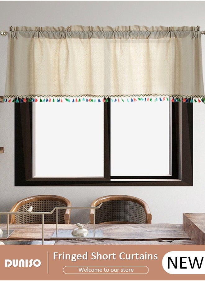 DUNISO Kitchen Short Curtains, Modern Farmhouse Cotton Linen Short Window Panel Country  Tassel Cafe Semi-Transparent Small Tier Curtain Decor for Café,Bathroom, Kitchen, Living Room  - Image 1