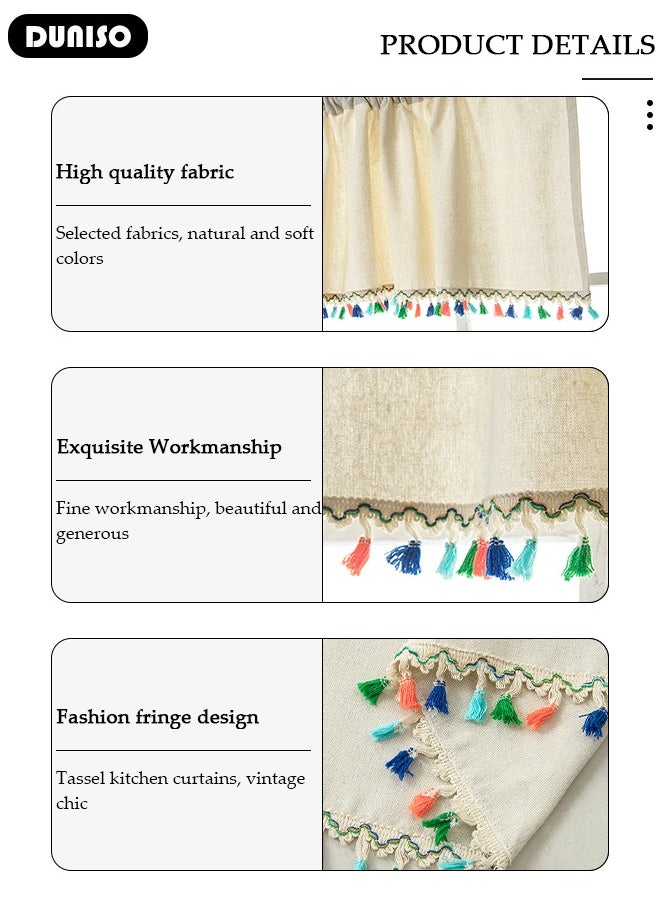 DUNISO Kitchen Short Curtains, Modern Farmhouse Cotton Linen Short Window Panel Country  Tassel Cafe Semi-Transparent Small Tier Curtain Decor for Café,Bathroom, Kitchen, Living Room  - Image 2