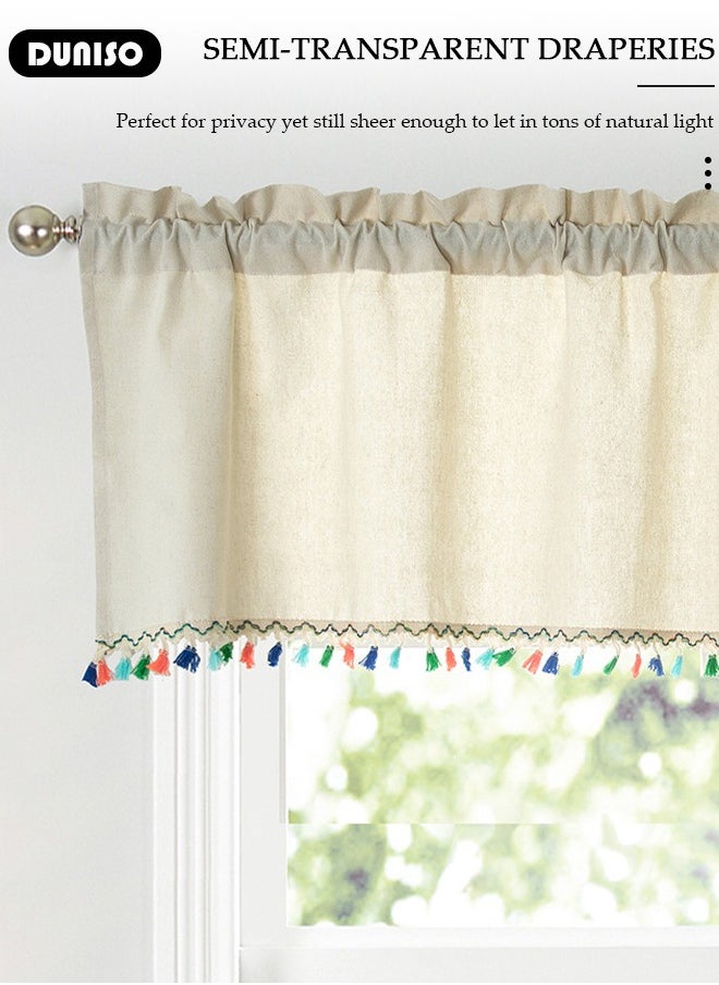 DUNISO Kitchen Short Curtains, Modern Farmhouse Cotton Linen Short Window Panel Country  Tassel Cafe Semi-Transparent Small Tier Curtain Decor for Café,Bathroom, Kitchen, Living Room  - Image 3