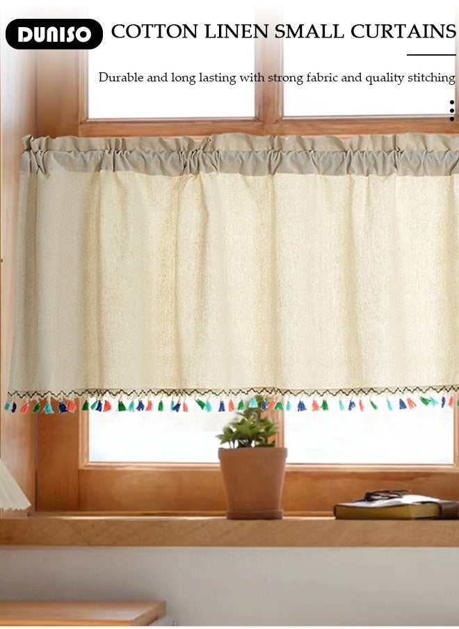 DUNISO Kitchen Short Curtains, Modern Farmhouse Cotton Linen Short Window Panel Country  Tassel Cafe Semi-Transparent Small Tier Curtain Decor for Café,Bathroom, Kitchen, Living Room  - Image 5