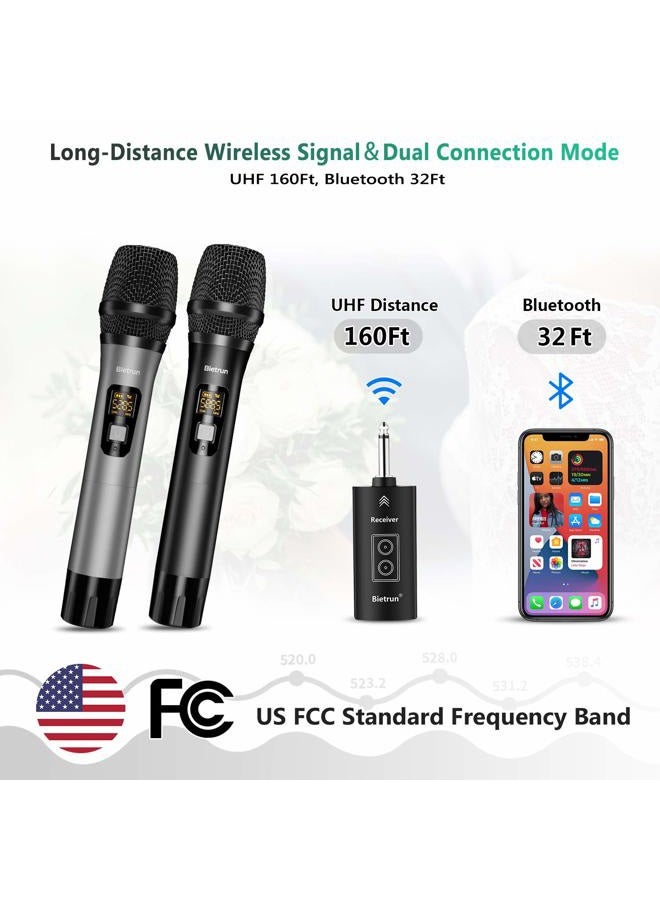 Bietrun Wireless Microphone with Bluetooth, Professional UHF Dual Handheld Dynamic Metal Mic System Set with Rechargeable Receiver, 160 ft Range, 1/4''Output, for Karaoke Machine, Singing, Amp, PA Speaker - Image 2