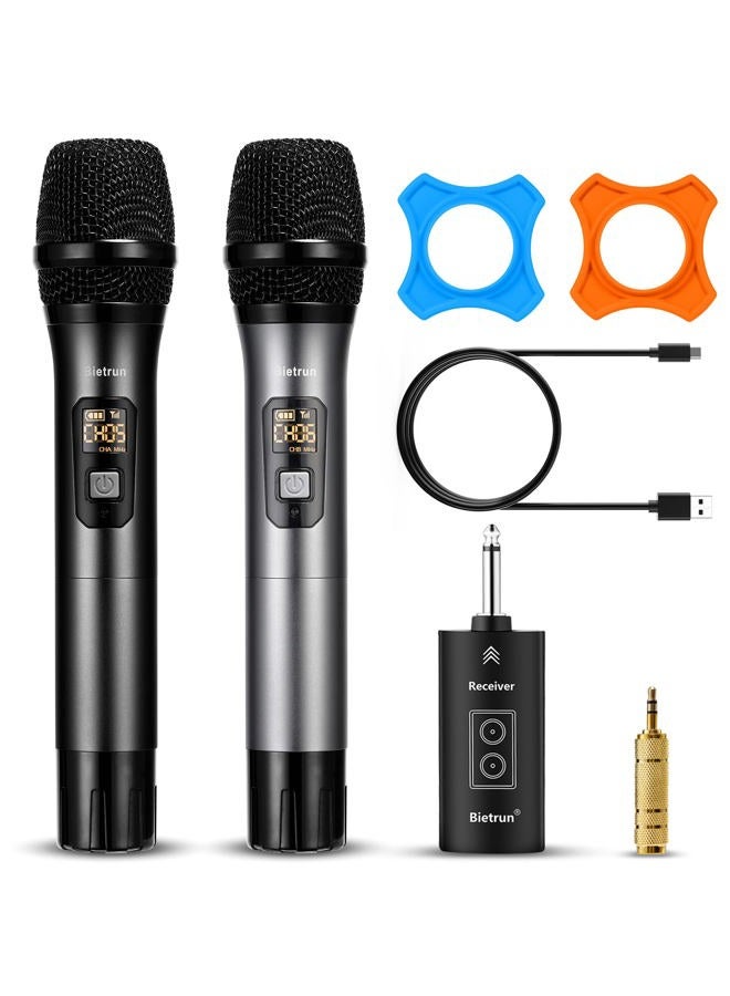Wireless Microphone with Bluetooth, Professional UHF Dual Handheld Dynamic Metal Mic System Set with Rechargeable Receiver, 160 ft Range, 1/4''Output, for Karaoke Machine, Singing, Amp, PA Speaker