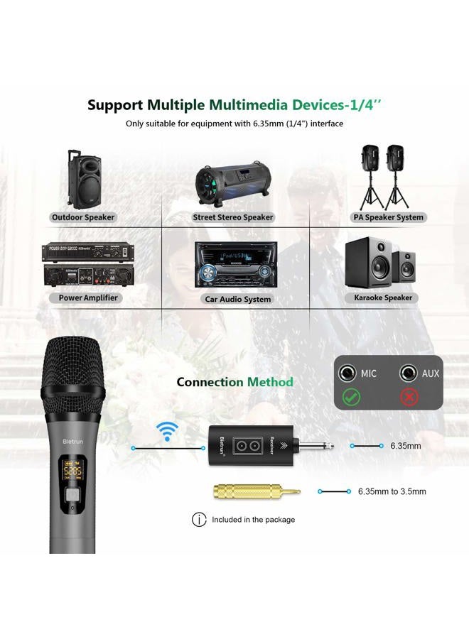 Bietrun Wireless Microphone with Bluetooth, Professional UHF Dual Handheld Dynamic Metal Mic System Set with Rechargeable Receiver, 160 ft Range, 1/4''Output, for Karaoke Machine, Singing, Amp, PA Speaker - Image 3