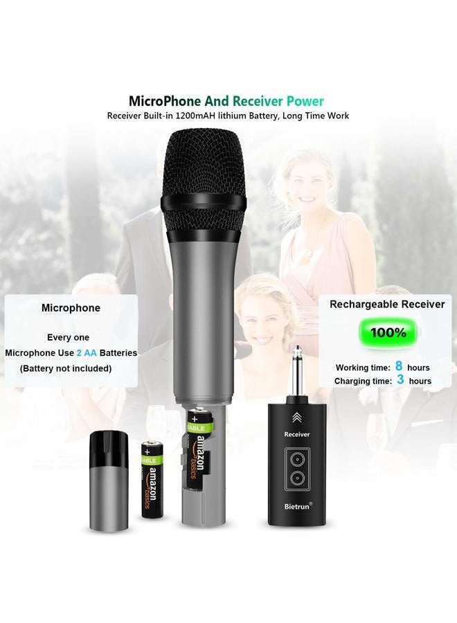 Bietrun Wireless Microphone with Bluetooth, Professional UHF Dual Handheld Dynamic Metal Mic System Set with Rechargeable Receiver, 160 ft Range, 1/4''Output, for Karaoke Machine, Singing, Amp, PA Speaker - Image 5
