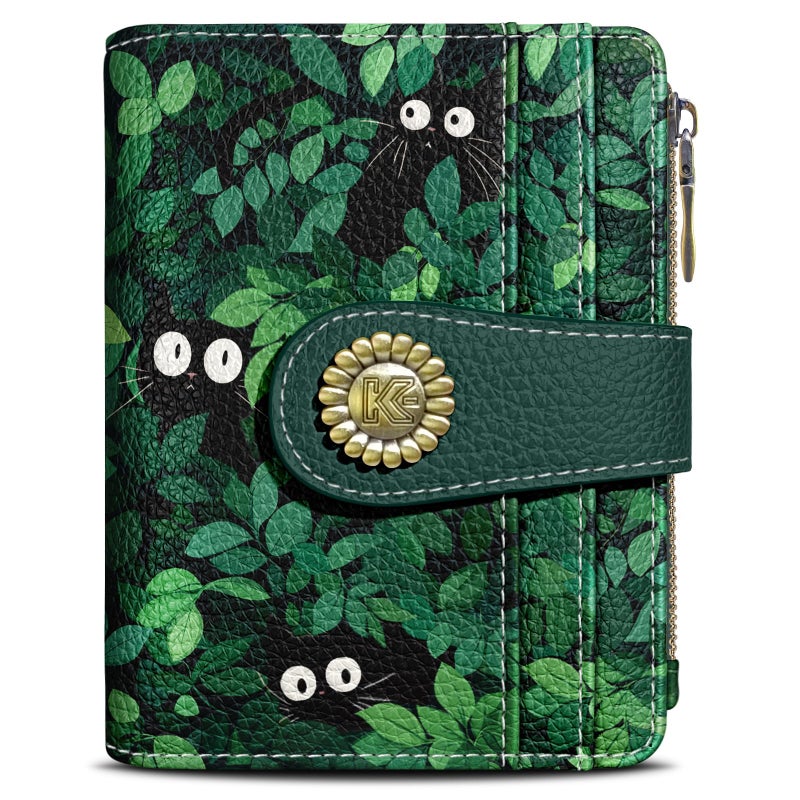 Kelvoris Cute Green Black Cats Grass Small Rfid Women Wallet Bifold Zipper Coin Pocket PU Leather Compact Cash Credit Card Holder Travel Wallet for Female Ladies Teen Girls 1 ID Window 10 Card Slots - Image 1