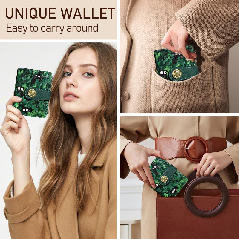 Kelvoris Cute Green Black Cats Grass Small Rfid Women Wallet Bifold Zipper Coin Pocket PU Leather Compact Cash Credit Card Holder Travel Wallet for Female Ladies Teen Girls 1 ID Window 10 Card Slots - Image 2