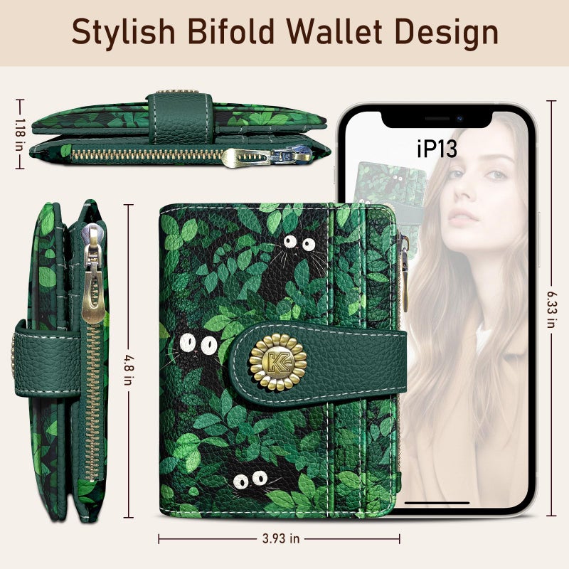 Kelvoris Cute Green Black Cats Grass Small Rfid Women Wallet Bifold Zipper Coin Pocket PU Leather Compact Cash Credit Card Holder Travel Wallet for Female Ladies Teen Girls 1 ID Window 10 Card Slots - Image 5
