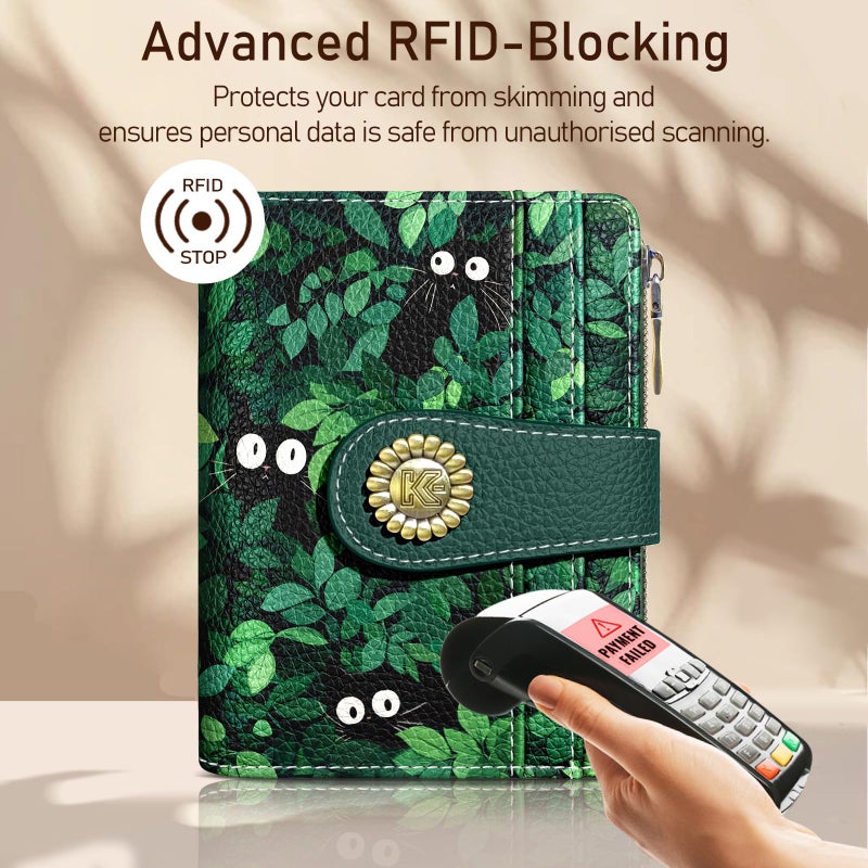 Kelvoris Cute Green Black Cats Grass Small Rfid Women Wallet Bifold Zipper Coin Pocket PU Leather Compact Cash Credit Card Holder Travel Wallet for Female Ladies Teen Girls 1 ID Window 10 Card Slots - Image 3