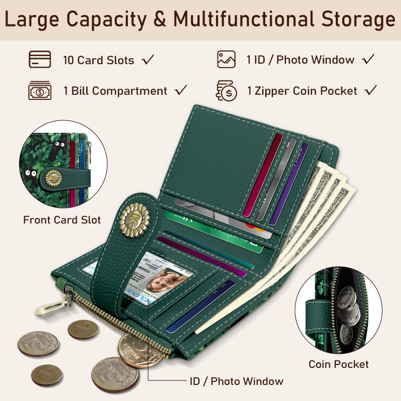 Kelvoris Cute Green Black Cats Grass Small Rfid Women Wallet Bifold Zipper Coin Pocket PU Leather Compact Cash Credit Card Holder Travel Wallet for Female Ladies Teen Girls 1 ID Window 10 Card Slots - Image 4
