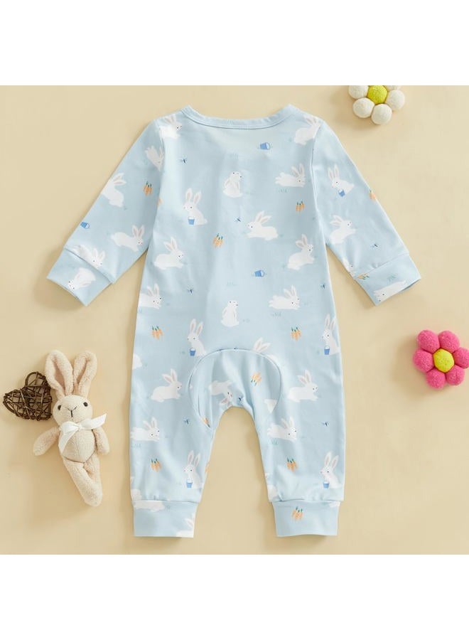 Thilsidee Newborn Baby Boy Girl Easter Rabbit Jumpsuit Long Sleeve Oblique Zipper Romper Bunny One Piece Overall Outfit, M-blue, 6-12 Months - Image 4