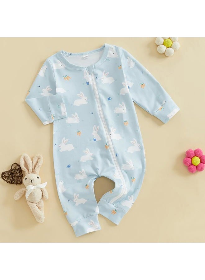 Thilsidee Newborn Baby Boy Girl Easter Rabbit Jumpsuit Long Sleeve Oblique Zipper Romper Bunny One Piece Overall Outfit, M-blue, 6-12 Months - Image 3