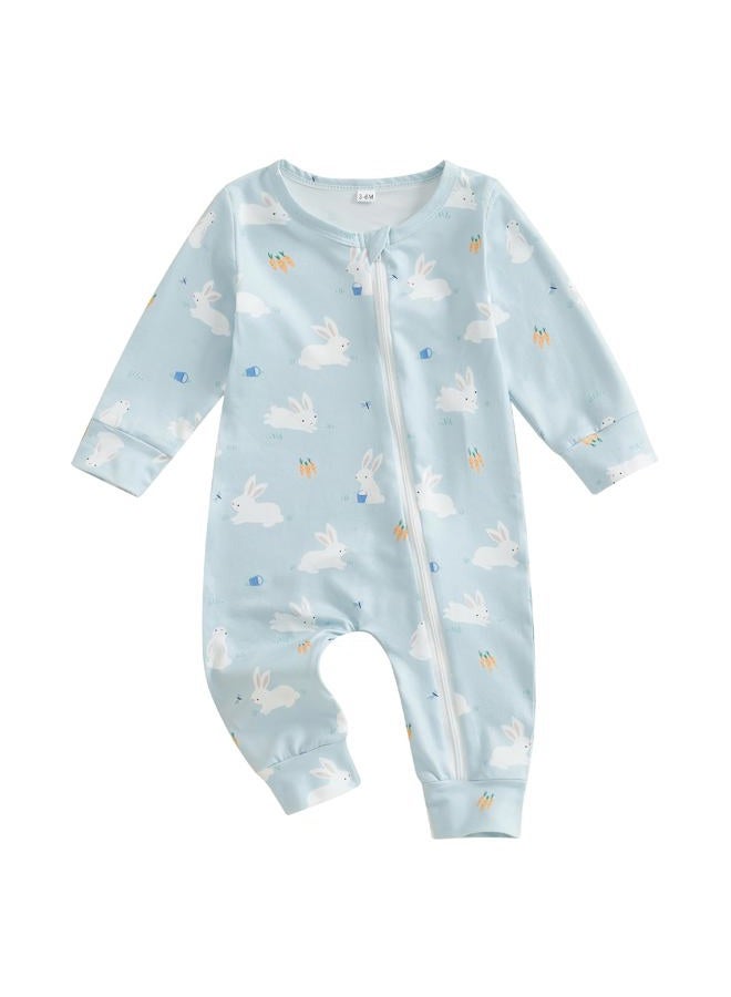 Thilsidee Newborn Baby Boy Girl Easter Rabbit Jumpsuit Long Sleeve Oblique Zipper Romper Bunny One Piece Overall Outfit, M-blue, 6-12 Months - Image 1