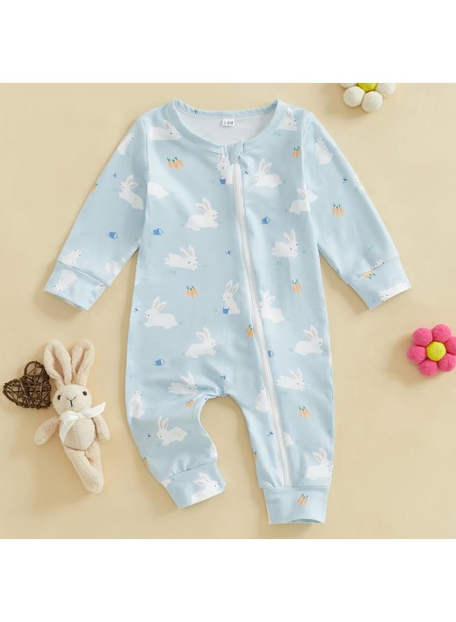Thilsidee Newborn Baby Boy Girl Easter Rabbit Jumpsuit Long Sleeve Oblique Zipper Romper Bunny One Piece Overall Outfit, M-blue, 6-12 Months - Image 2
